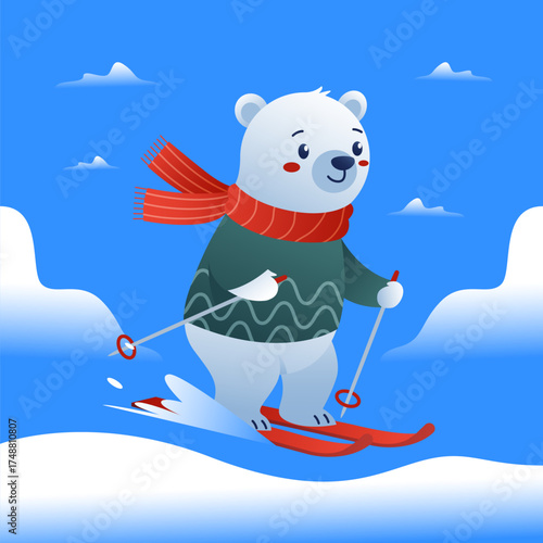 Cute Polar Bear Skiing in Winter – Flat Vector Cartoon Illustration