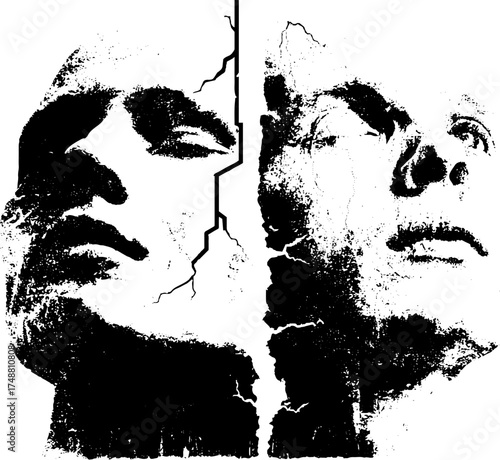Fragmented duality: black and white human face stencil art for posters and decor