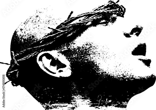 Grunge black and white stencil illustration of a contemplative human figure