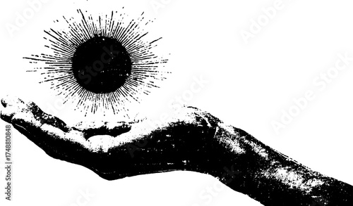 Mystical hand silhouette holding radiant celestial orb for boho design