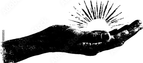 Celestial hand silhouette with sun rays - vintage stencil design for print and decor