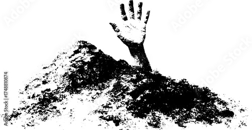 Black and white stencil of hand reaching from ground - dramatic illustration for art design