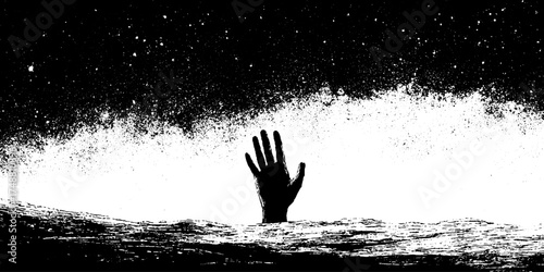 Celestial night scene with human hand silhouette and starry sky