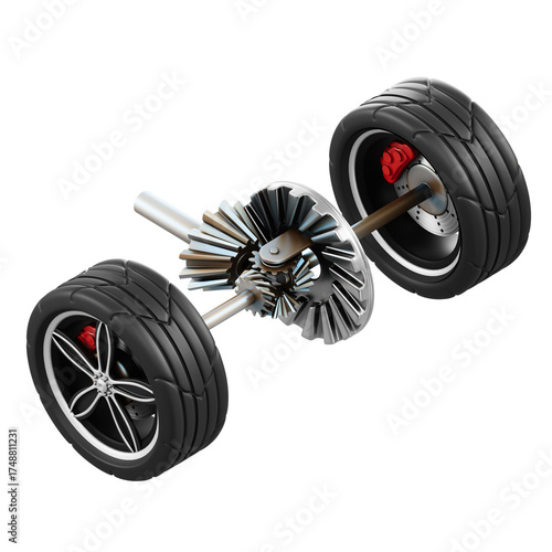 Photos Automotive Differential Gear System With Two Tires Isolated On Black Background