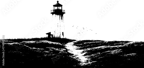 Lighthouse silhouette on rocky landscape - black and white stencil art for coastal decor