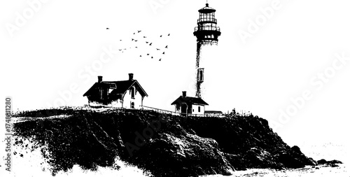 Vintage black and white lighthouse illustration on rocky coastline
