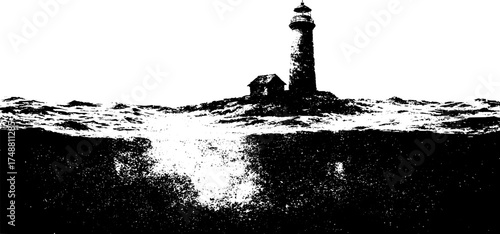 Black and white lighthouse stencil illustration in ocean landscape for nautical theme design