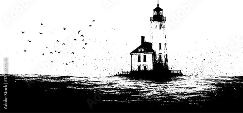 Black and white silhouette of submerged lighthouse with birds in vintage style