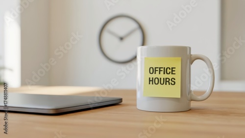 Know the office hours with a sticky note on the cup near a laptop in a modern office space