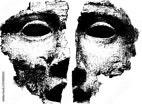 Ancient mask silhouette in black and white stencil art for tribal design and decor