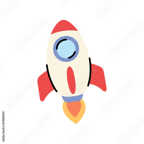 Simple Rocket Ship Illustration with Red Fins and Blue Window Launching with Orange Fire Emission on Transparent Background