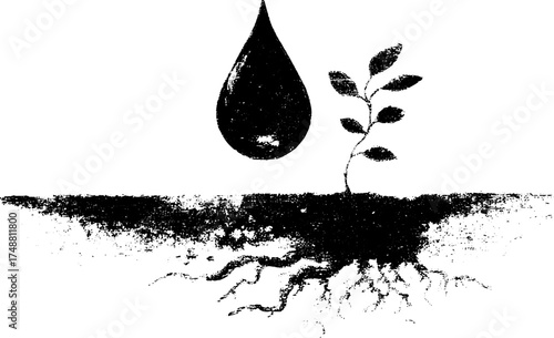 Black and white stencil illustration of mercury drop with plant roots silhouette