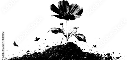 Black and white stencil of metal flower blooming with textured details
