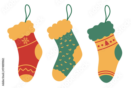 Hanging christmas socks element set. Suitable for clip art, stickers, flat design illustration, etc