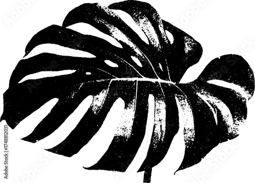 Monstera leaf linocut stencil art in black and white for botanical design projects