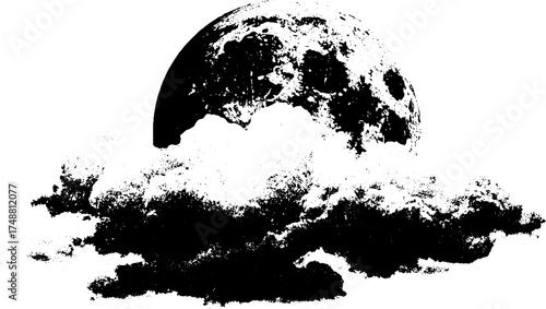 Celestial moon silhouette surrounded by clouds - grungy vintage design for urban art