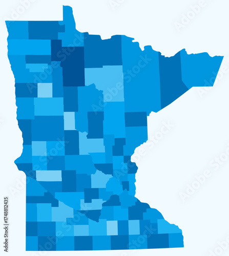 Map of Minnesota with counties. Just a simple state border map with county division. Light blue color palette. Blank State of Minnesota shape with administrative division. Vector illustration.
