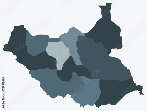 Map of South Sudan with regions. Just a simple country border map with region division. Blue grey color palette. Blank South Sudan shape with administrative division. Vector illustration.