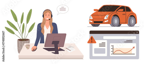 Woman at desk with headset assisting customers, orange car representing automotive sector, web data analytics with alert and graph. Ideal for customer care, automotive services, remote working, tech