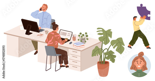 Office workspace with professionals working on laptops, one taking a call, a plant, profile photo, and a person carrying a puzzle piece. Ideal for teamwork, productivity, planning, organization