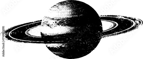 Grungy celestial planet silhouette with rings in black and white stencil design for posters