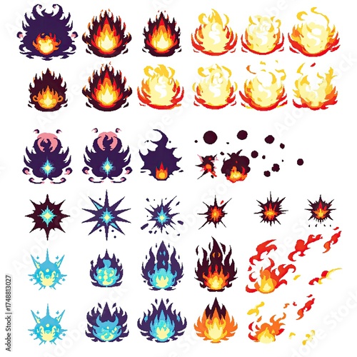Pixel Art Explosion Set Magical Blast 18bit 16bit Isolated Retro RPG Video Game Asset Colletion