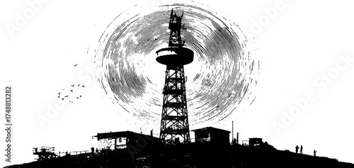 Vintage radio tower silhouette with celestial grunge texture for urban design projects
