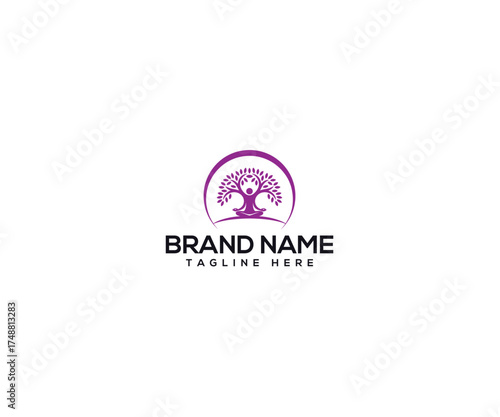 Harmony Emblem: A minimalist emblem representing the fusion of human and natural elements. The silhouette of a person within the form of a tree, surrounded by a graceful semi-circle.