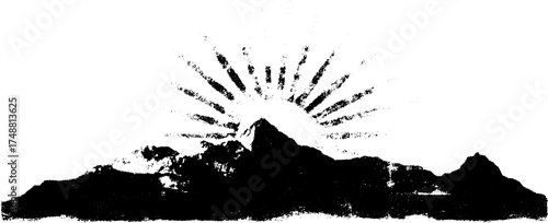 Black and white silhouette of a rising sun over hills - nature art for design