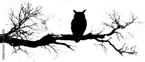 Black and white robotic owl silhouette on branch - grunge stencil art design