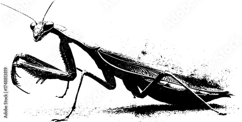 Futuristic robotic mantis silhouette with grunge texture - ideal for urban design projects