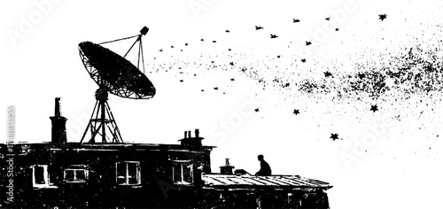Black and white rooftop antenna scene with celestial accents and urban silhouette art