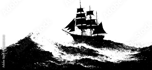 Vintage sailing ship silhouette on stormy seas - nautical black and white design for art and decor