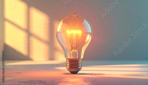 A classic incandescent lightbulb glows brightly, symbolizing a new idea in a room filled with warm, golden sunlight.