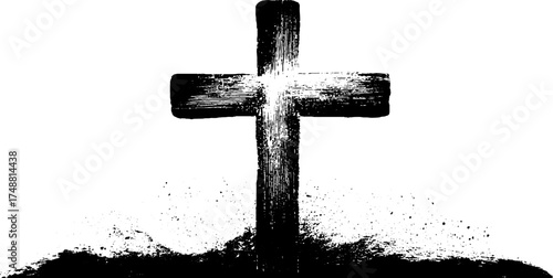 Black and white stencil illustration of simple cross with grunge texture for spiritual design