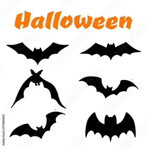 Halloween Bat Silhouettes Vector Set. Collection of Scary Flying Vampire Creature Icons in Different Poses, Perfect for Holiday Decorations, Posters, and Spooky Designs.