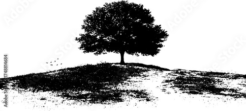 Serene black and white stencil art of solitary tree on hill