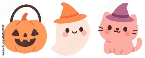 Adorable pastel Halloween clipart featuring a pumpkin bucket, smiling ghost and pink cat in witch hats. Perfect for Halloween cards, stickers, patterns and kids holiday designs.