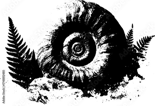 Black and white spiral shell with ferns - nature-inspired art for print and decor