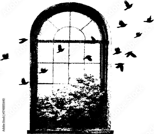 Black and white stencil art of birds and foliage through stained glass window