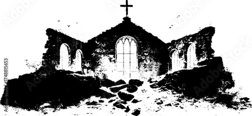 Vintage stained glass church ruins with cross and birds silhouette for art and design