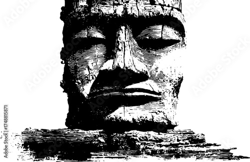 Ancient stone idol: black and white stencil illustration for art and decor