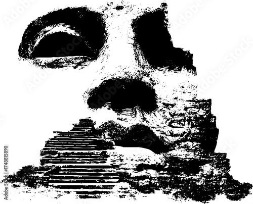 Ancient stone idol face with staircase in black and white stencil art