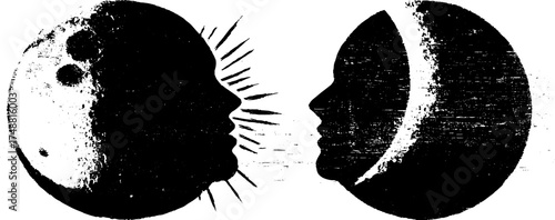 Celestial sun and moon silhouette in black and white stencil art for creative design projects