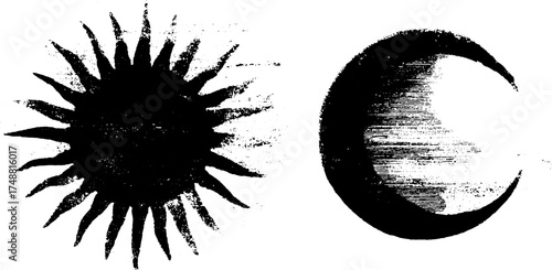 Celestial sun and moon joined in black and white stencil illustration for vintage design