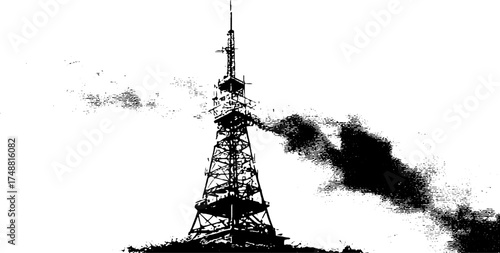Black and white silhouette of industrial antenna tower with grunge texture for urban design