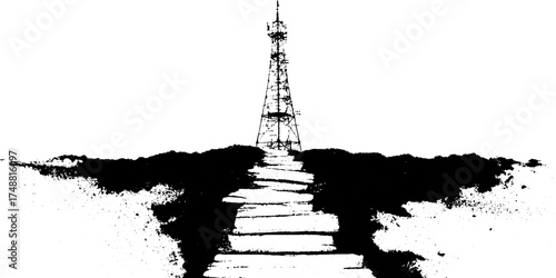 Rustic black and white stencil illustration of a tall antenna on a hill with pathway for design and print