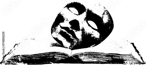 Theatrical mask on open book stencil art for drama and literature design