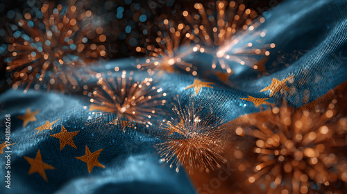 A captivating display of pyrotechnics dances against a silken backdrop of celestial stars and sapphire hues, creating a mesmerizing blend of illumination and aspiration.