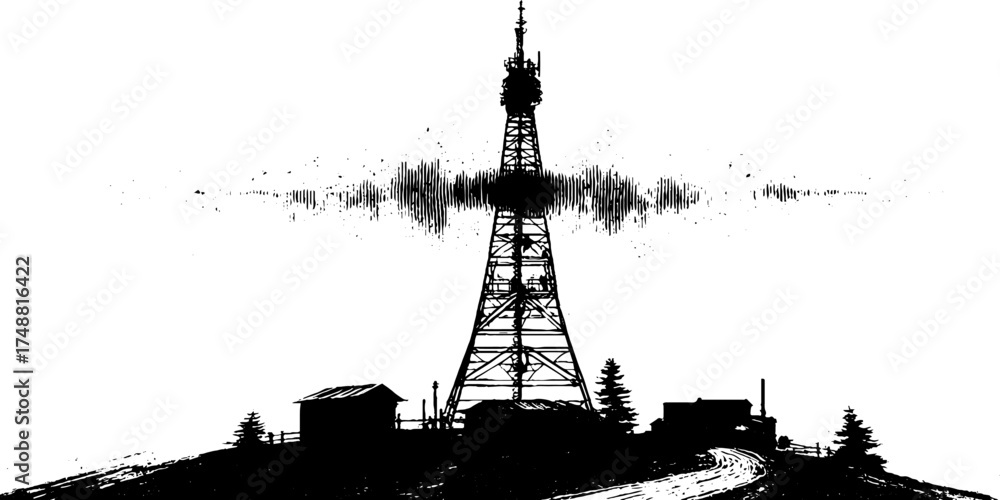 Obraz premium Black and white transmission antenna stencil illustration for urban design